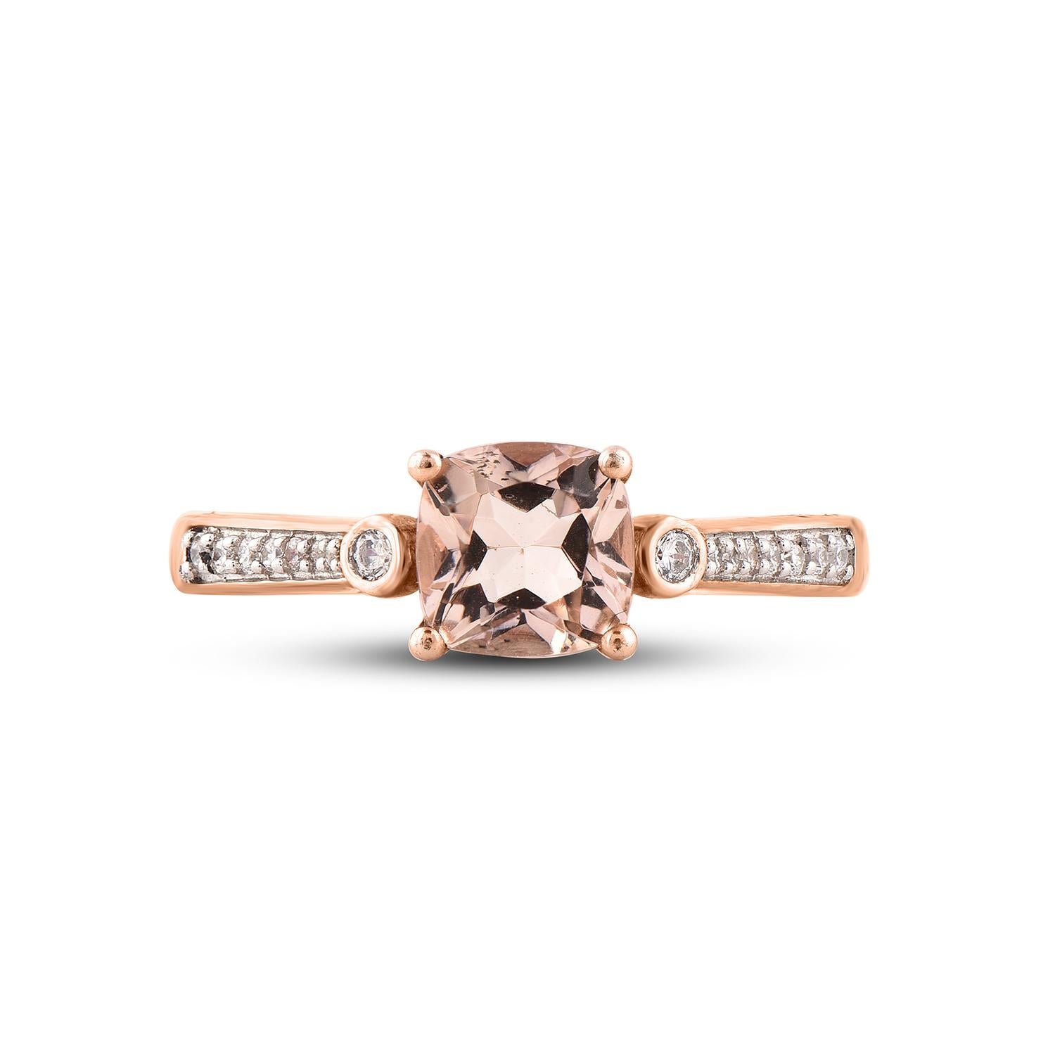 Art Deco TJD 0.10 Carat Round Diamond and 6X6 mm Morganite 14 Karat Rose Gold Ring For Sale