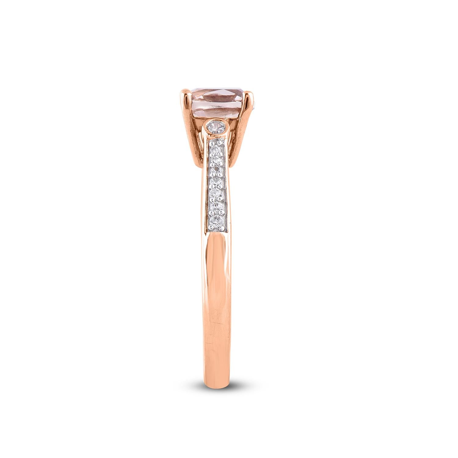 Round Cut TJD 0.10 Carat Round Diamond and 6X6 mm Morganite 14 Karat Rose Gold Ring For Sale