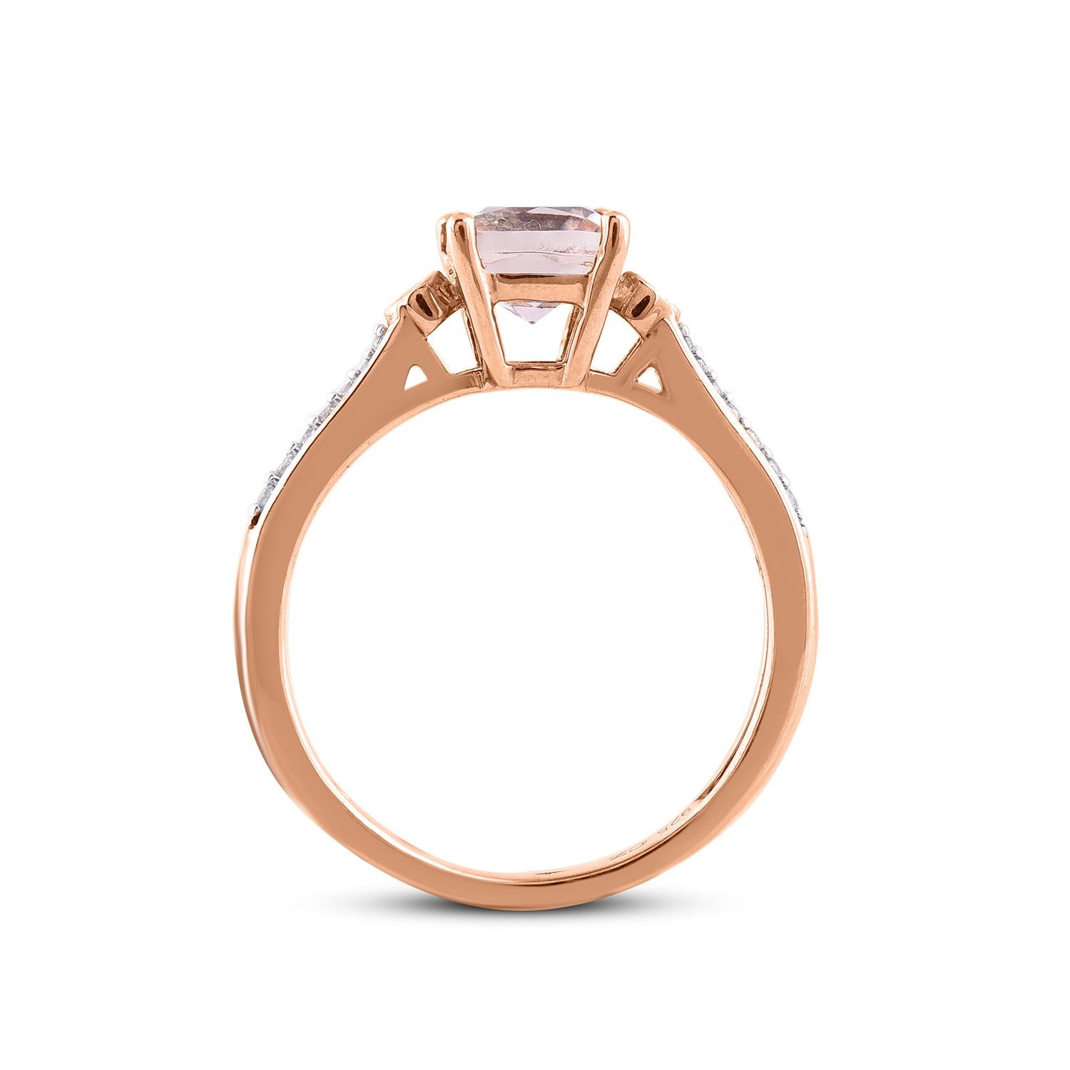 TJD 0.10 Carat Round Diamond and 6X6 mm Morganite 14 Karat Rose Gold Ring In New Condition For Sale In New York, NY