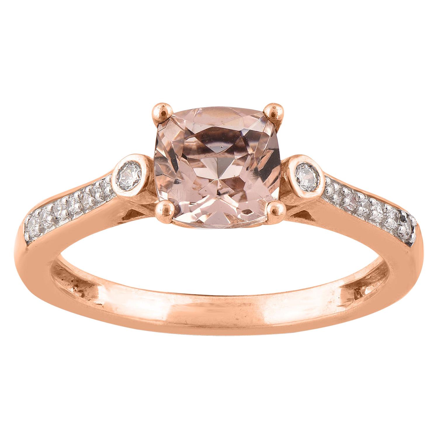 TJD 0.10 Carat Round Diamond and 6X6 mm Morganite 14 Karat Rose Gold Ring