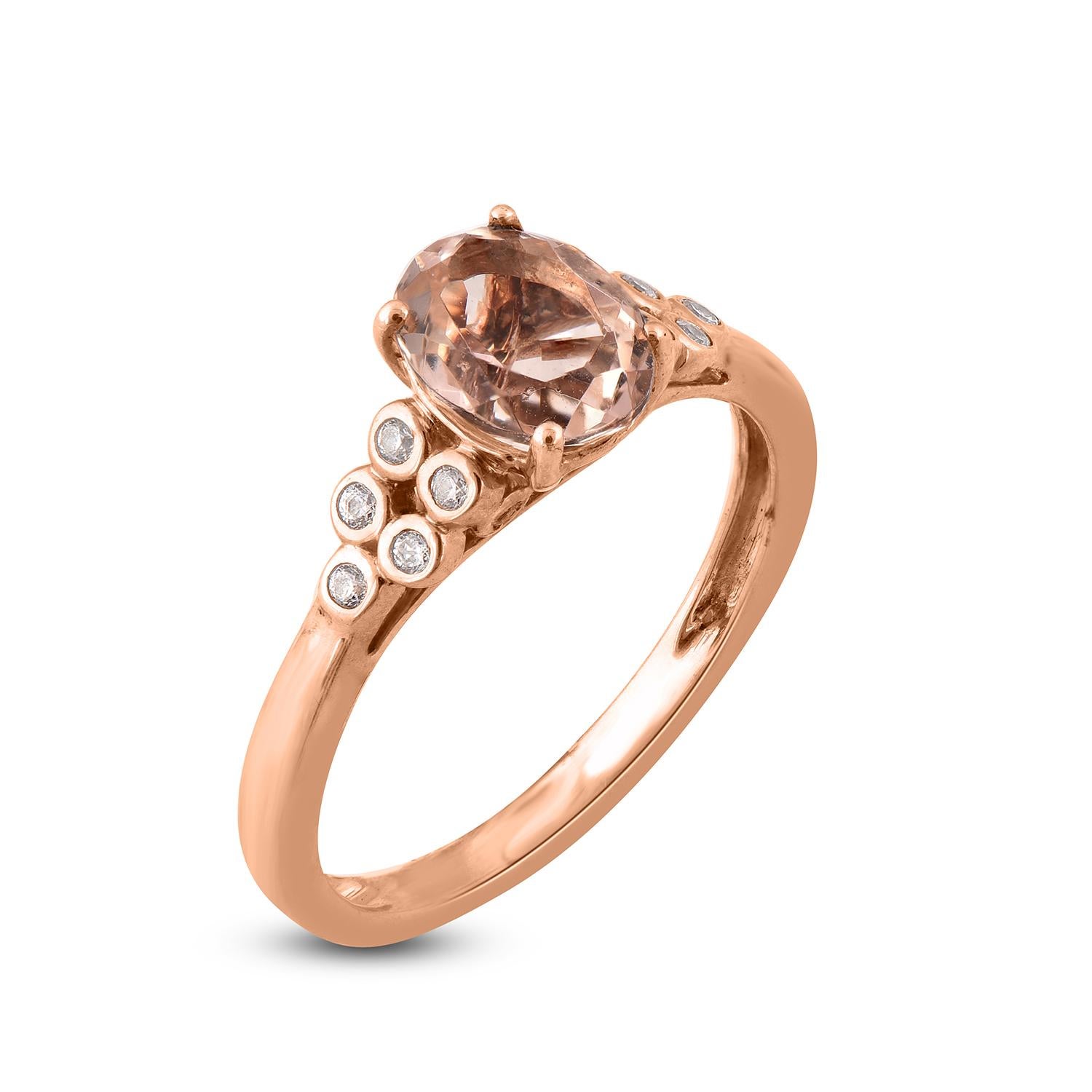 It's only for you... made by our skillful artisans in 14 karat Rose gold and studded with 14 diamond lined on shank 1 center Oval shape morganite set in prong and bezel setting. these diamond engagement ring will make a lasting impression. Diamonds