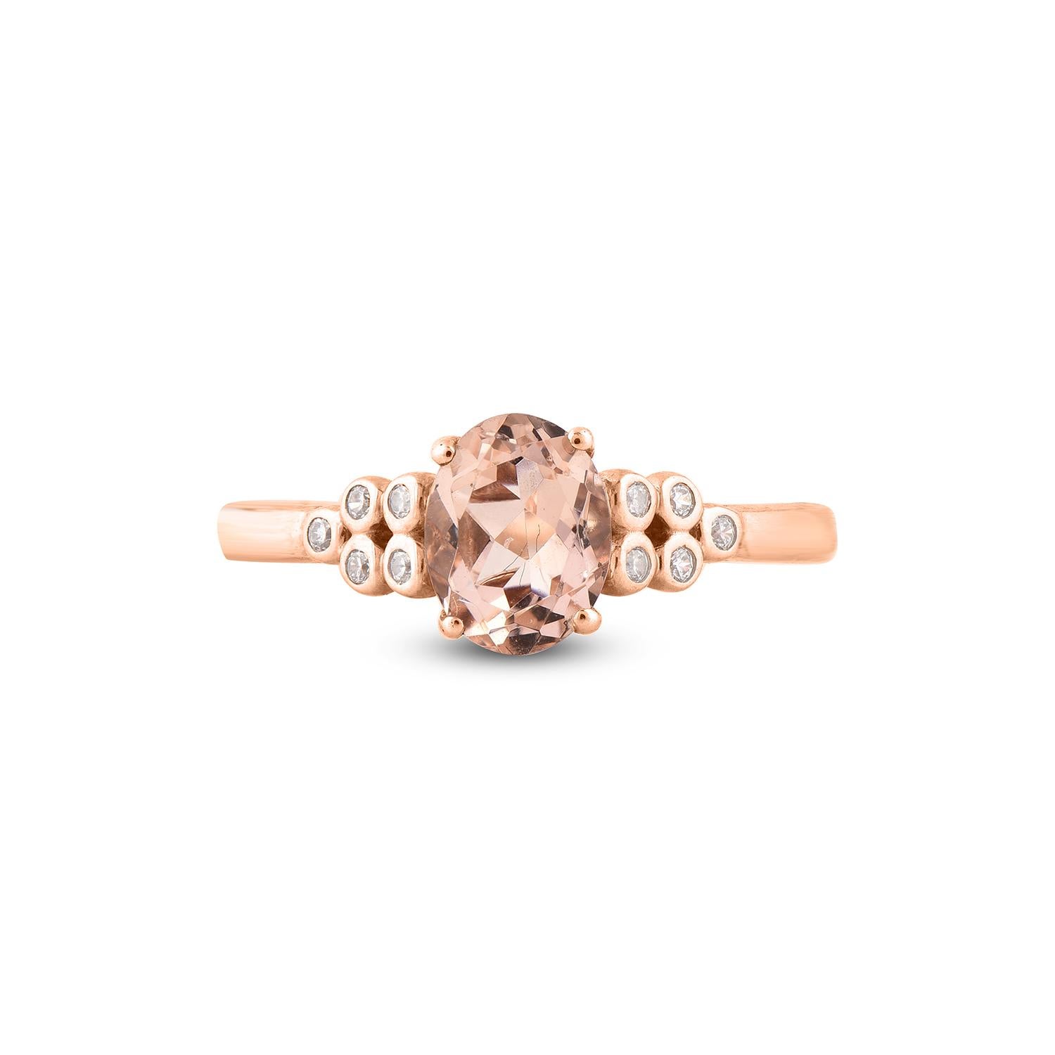 Art Deco TJD 0.10 Carat round Diamond and 8X6 mm Oval Morganite 14 Karat Rose Gold Ring For Sale