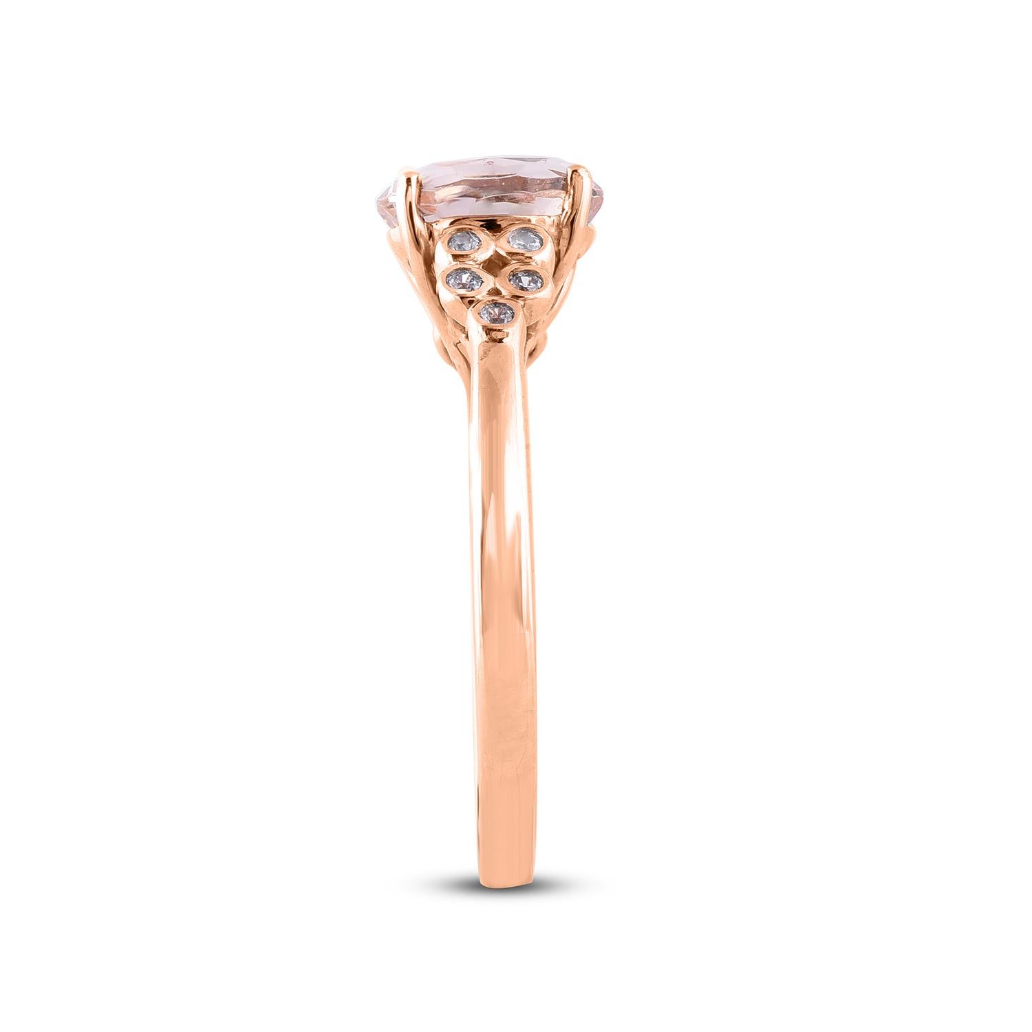Round Cut TJD 0.10 Carat round Diamond and 8X6 mm Oval Morganite 14 Karat Rose Gold Ring For Sale