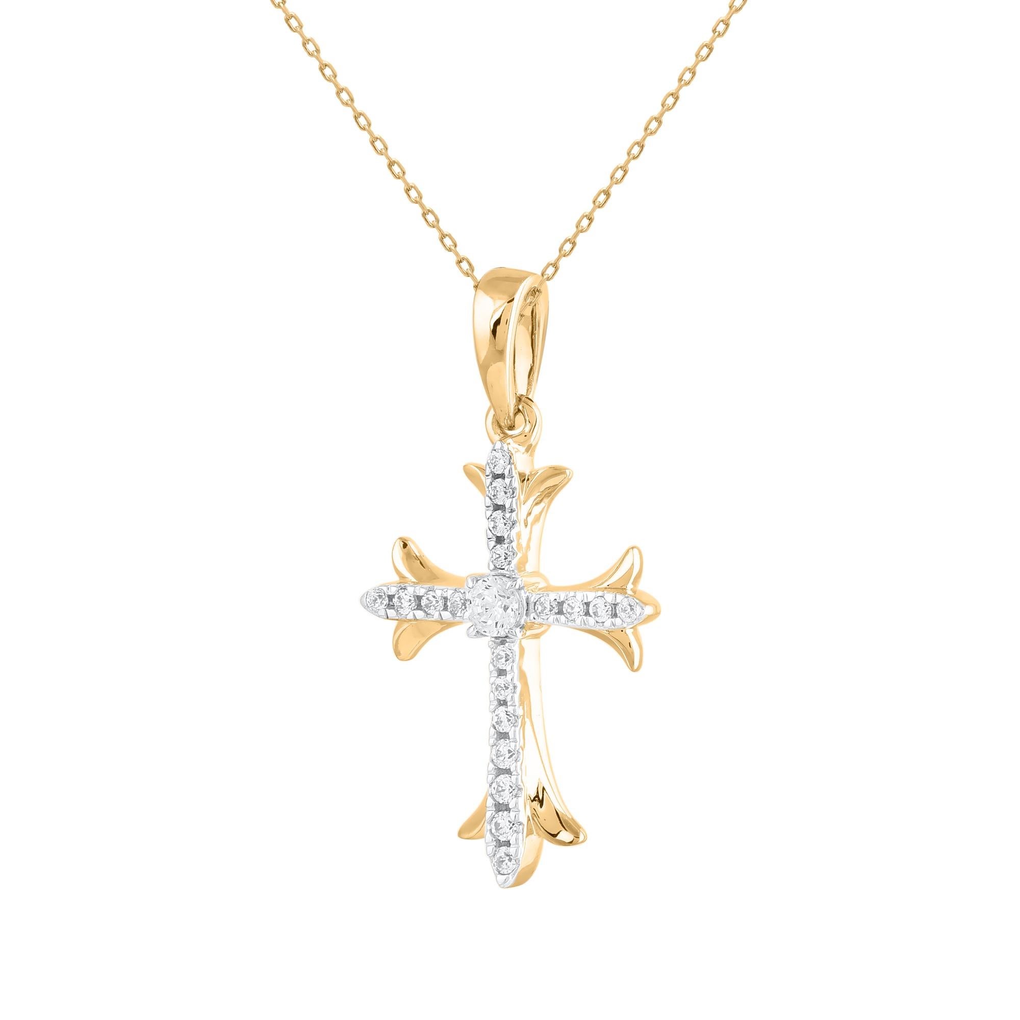 The traditional cross pendant has been given an update with the emphasis on style. Beautifully crafted by our inhouse experts in 14 karat two tone gold and embellished with 20 round diamond in prong setting. The total diamond weight is 0.10 carat