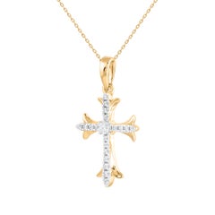 TJD 0.10 Carat Round Natural Diamond 14KT Two Tone Gold Cross Pendant Necklace