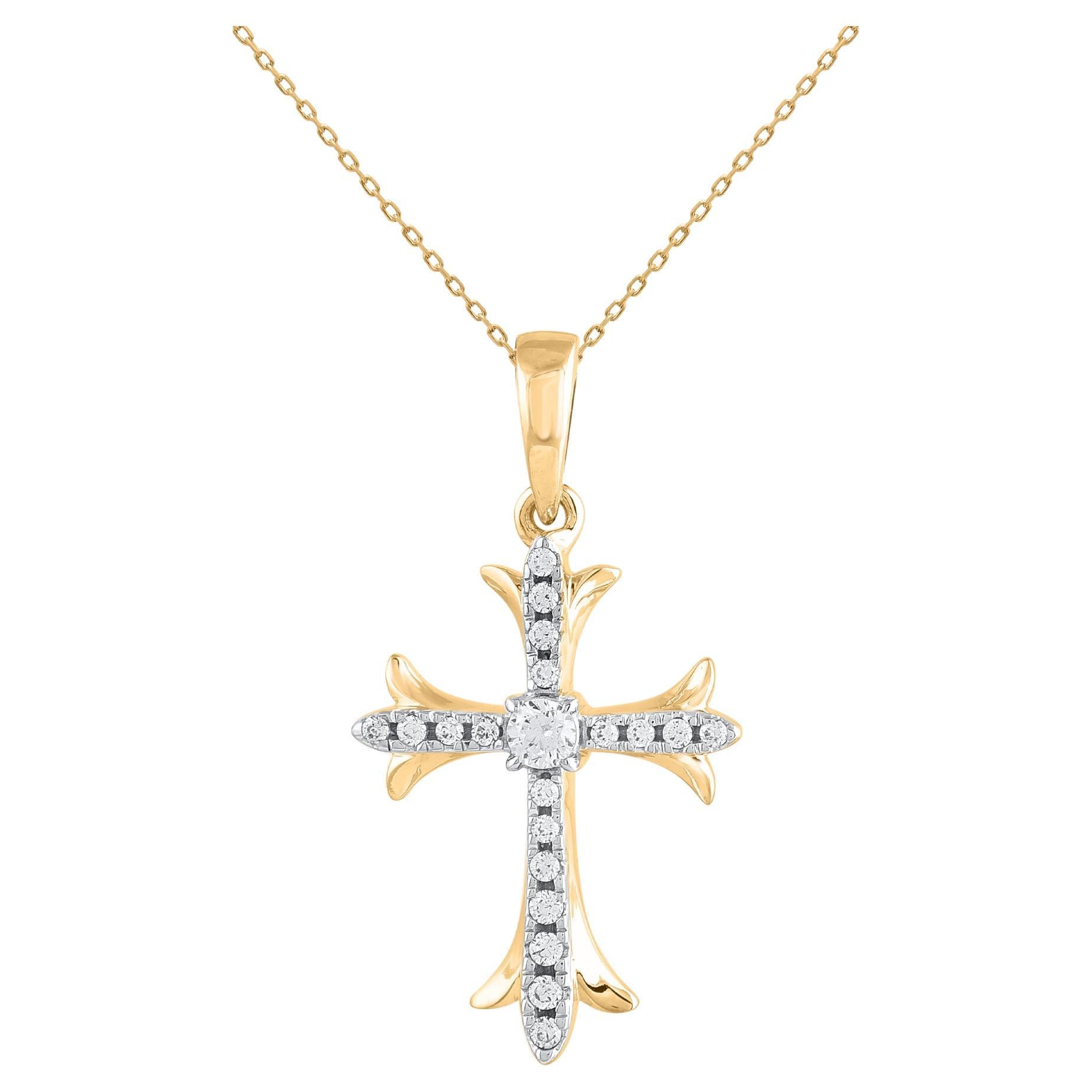 TJD 0.10 Carat Round Natural Diamond 14KT Two Tone Gold Cross Pendant Necklace For Sale