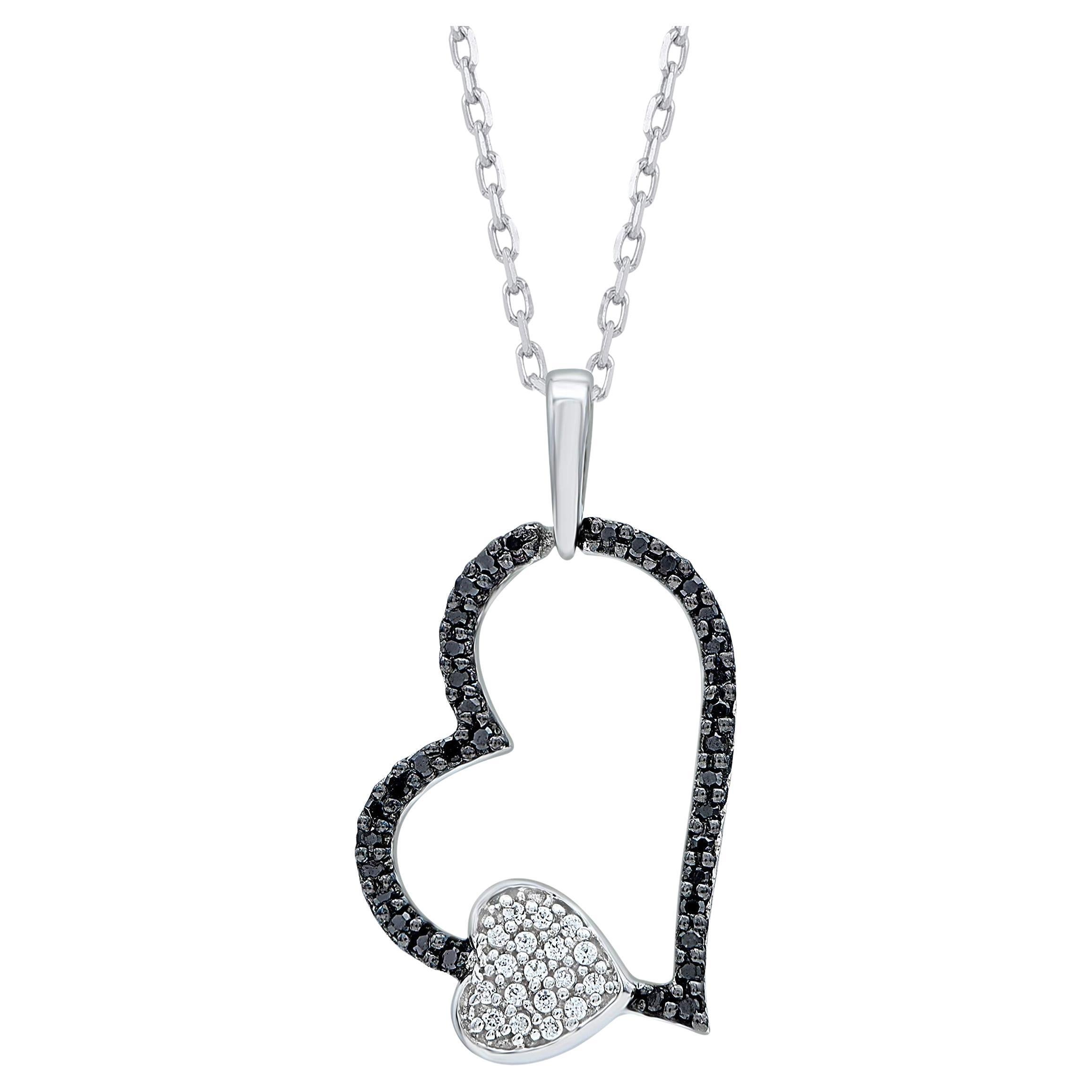 TJD 0.10 Carat White and Black Treated Diamond 14KT White Gold Heart Necklace For Sale