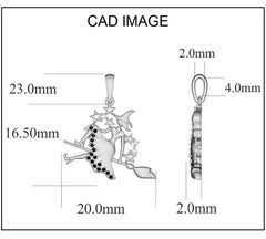 TJD 0.10 Carat White/Black Diamond 14K White Gold Witch on a Broomstick Pendant