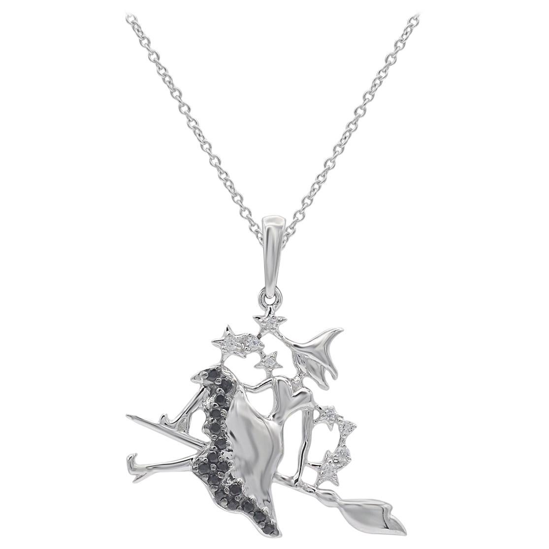 TJD 0.10 Carat White/Black Diamond 14K White Gold Witch on a Broomstick Pendant For Sale