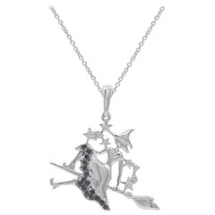 TJD 0.10 Carat White/Black Diamond 14K White Gold Witch on a Broomstick Pendant