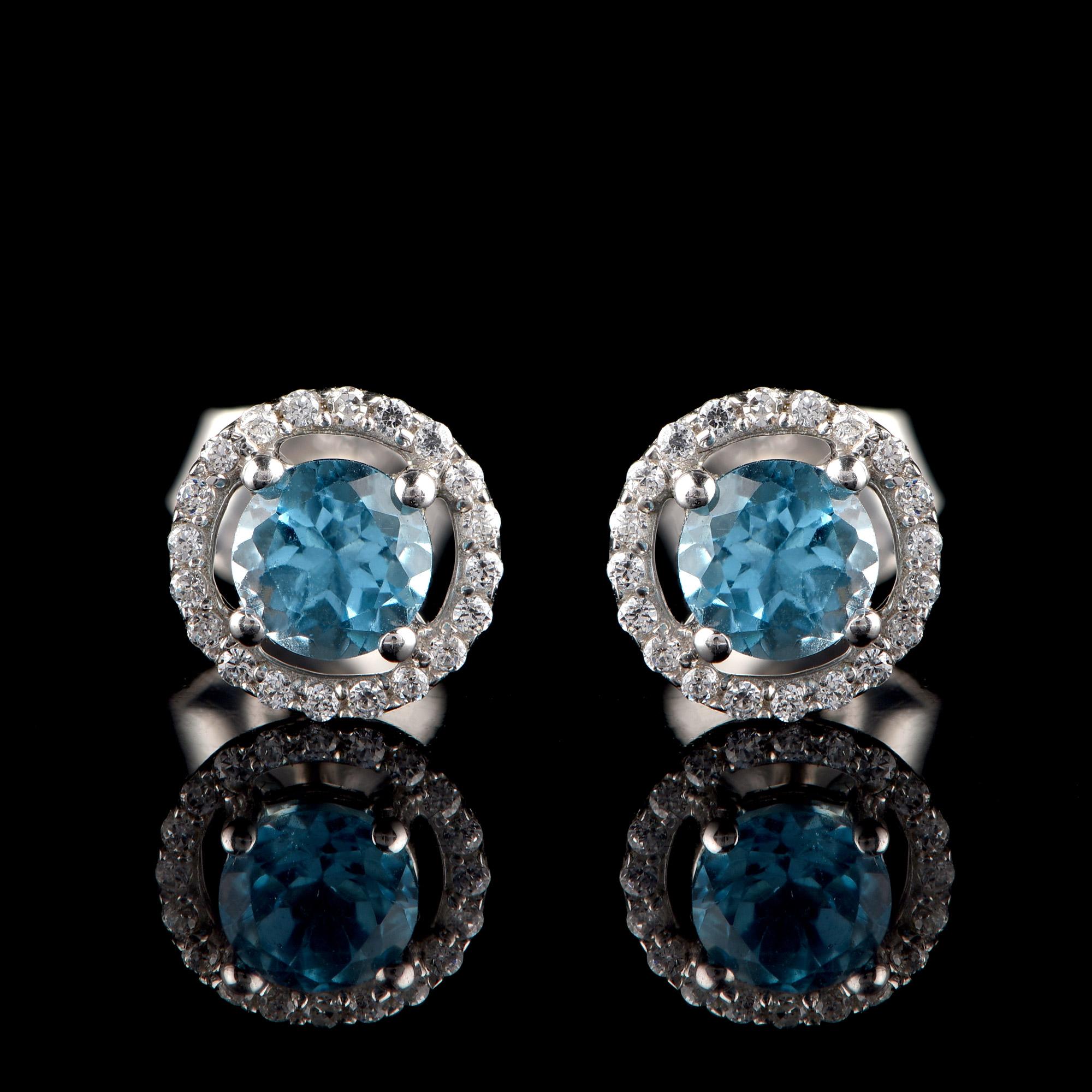 Contemporary TJD 0.10 CTW Diamond and 4MM Round Swiss Blue Topaz 18K White Gold Halo Earrings For Sale