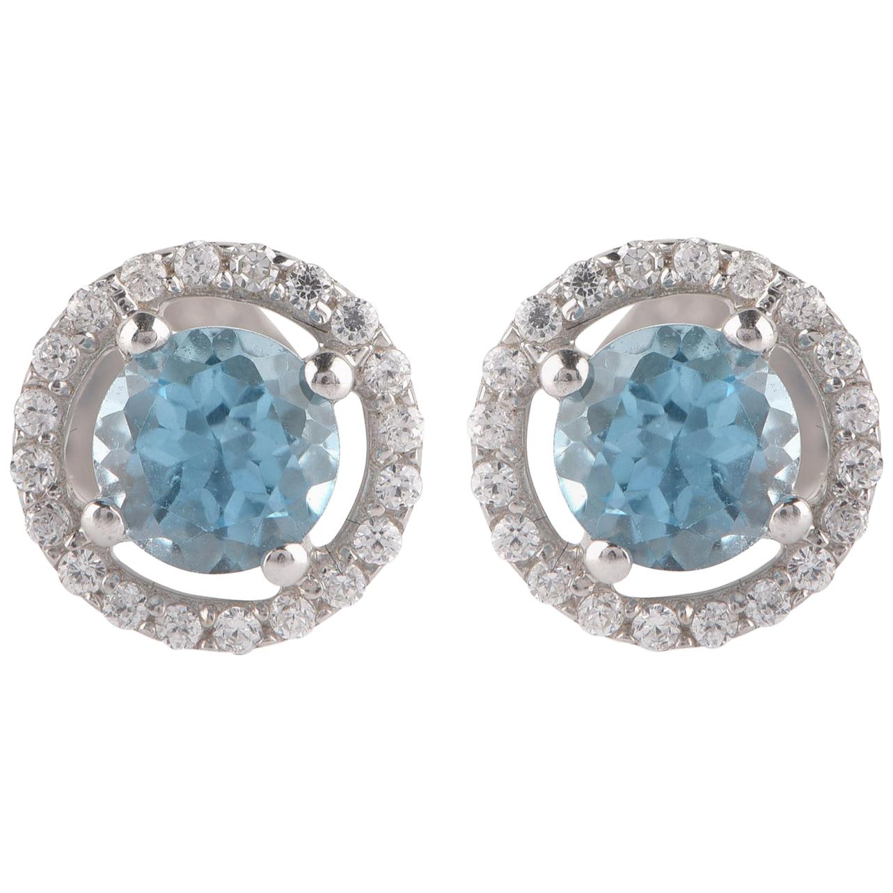 TJD 0.10 CTW Diamond and 4MM Round Swiss Blue Topaz 18K White Gold Halo Earrings For Sale