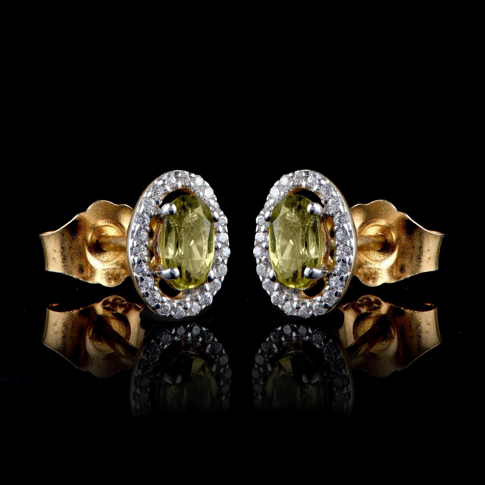 Contemporary TJD 0.10 CT Diamond and 5X3MM Oval Peridot 18 Karat Yellow Gold Halo Earrings For Sale