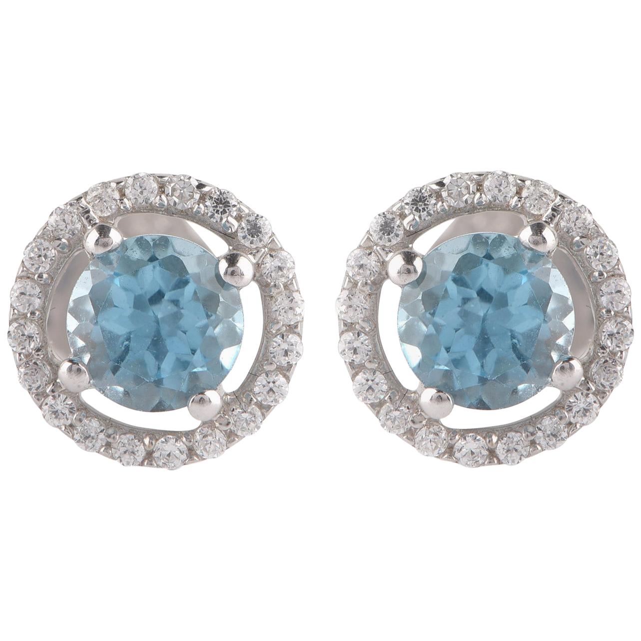 TJD 0.10 CTW Diamond and 4MM Round Swiss Blue Topaz 18K White Gold Halo Earrings