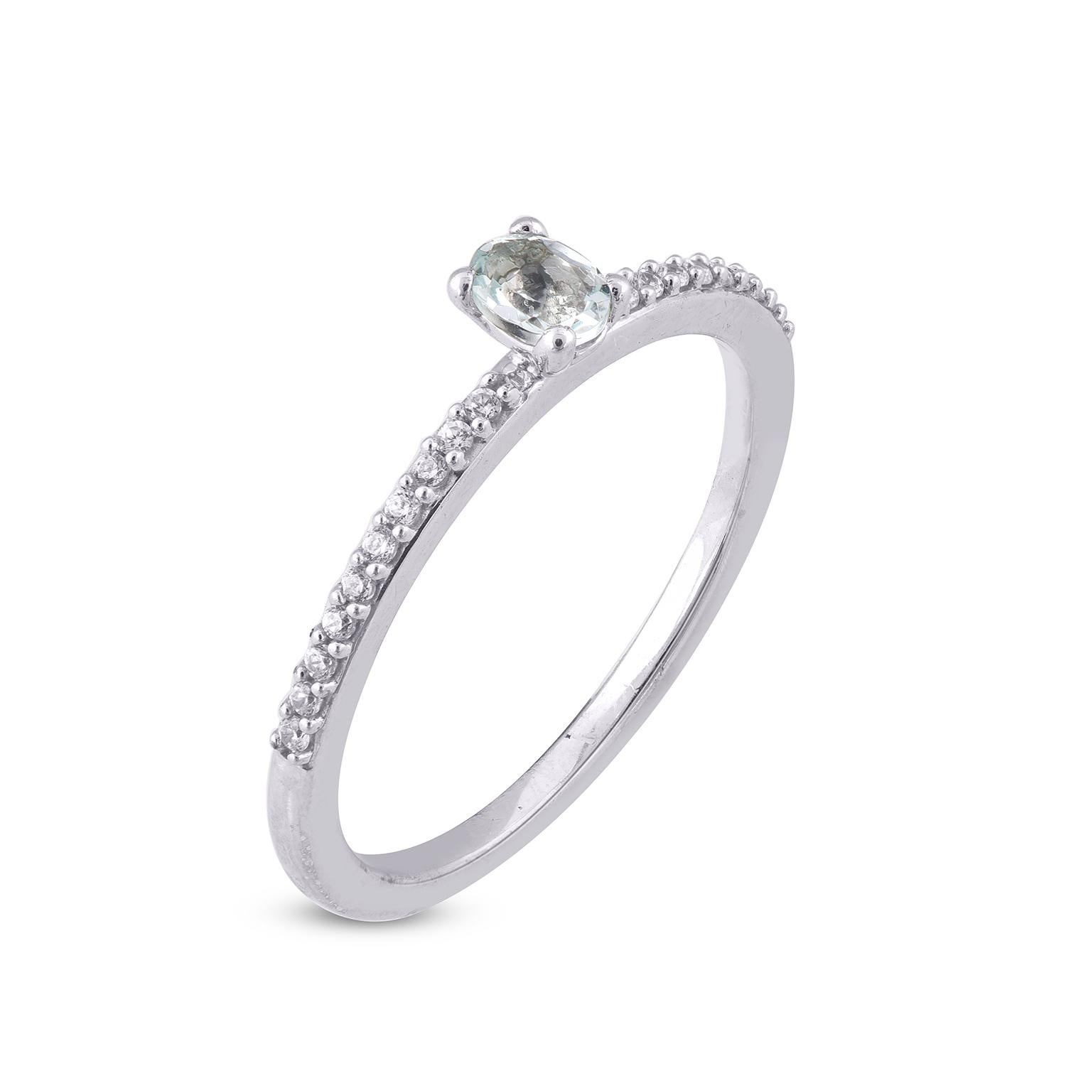 A classic look that compliments any attire, these Oval cut Aquamarine gemstone with white diamond ring are a stunning addition to your jewelry box. Studded with 20 round diamond set in Prong setting, shimmers in H-I color I2 clarity and crafted in