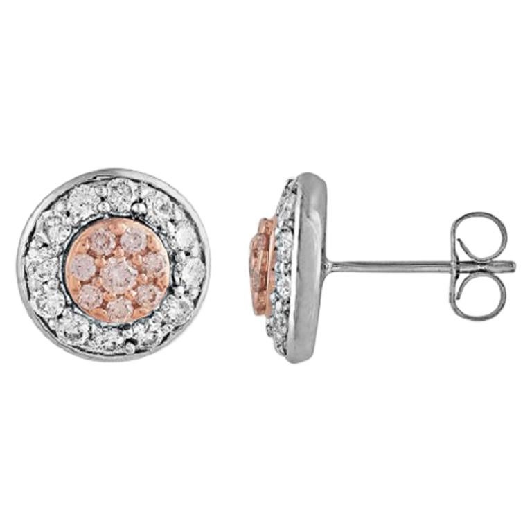 TJD 1.00 Cts Nat. Pink Rosé & White Diamond 18K 2-Tone Gold Cluster Stud Earring For Sale