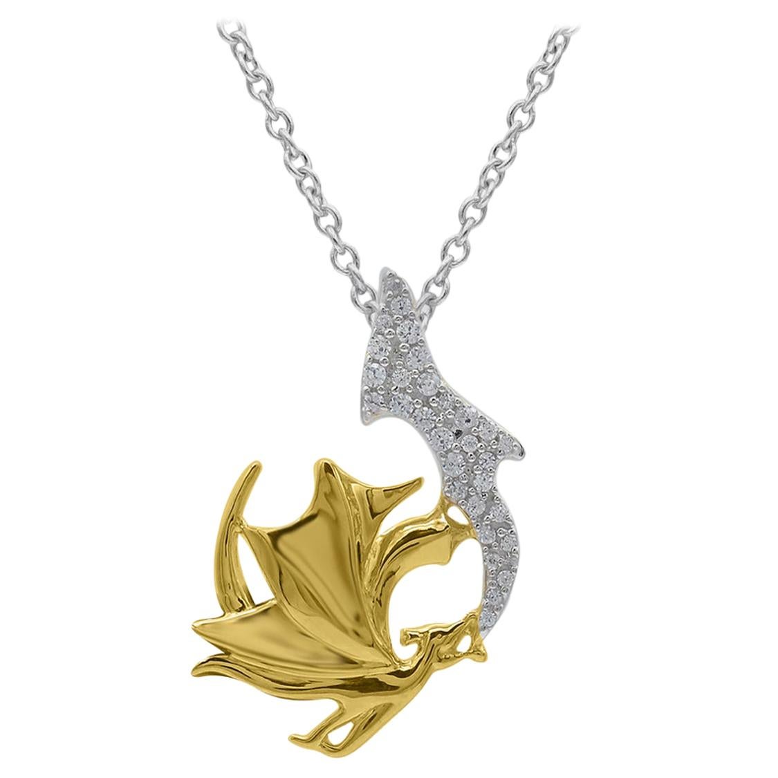 TJD 0.10Carat Round Diamond 14 Karat Yellow Gold Flamming Dragon Fashion Pendant For Sale