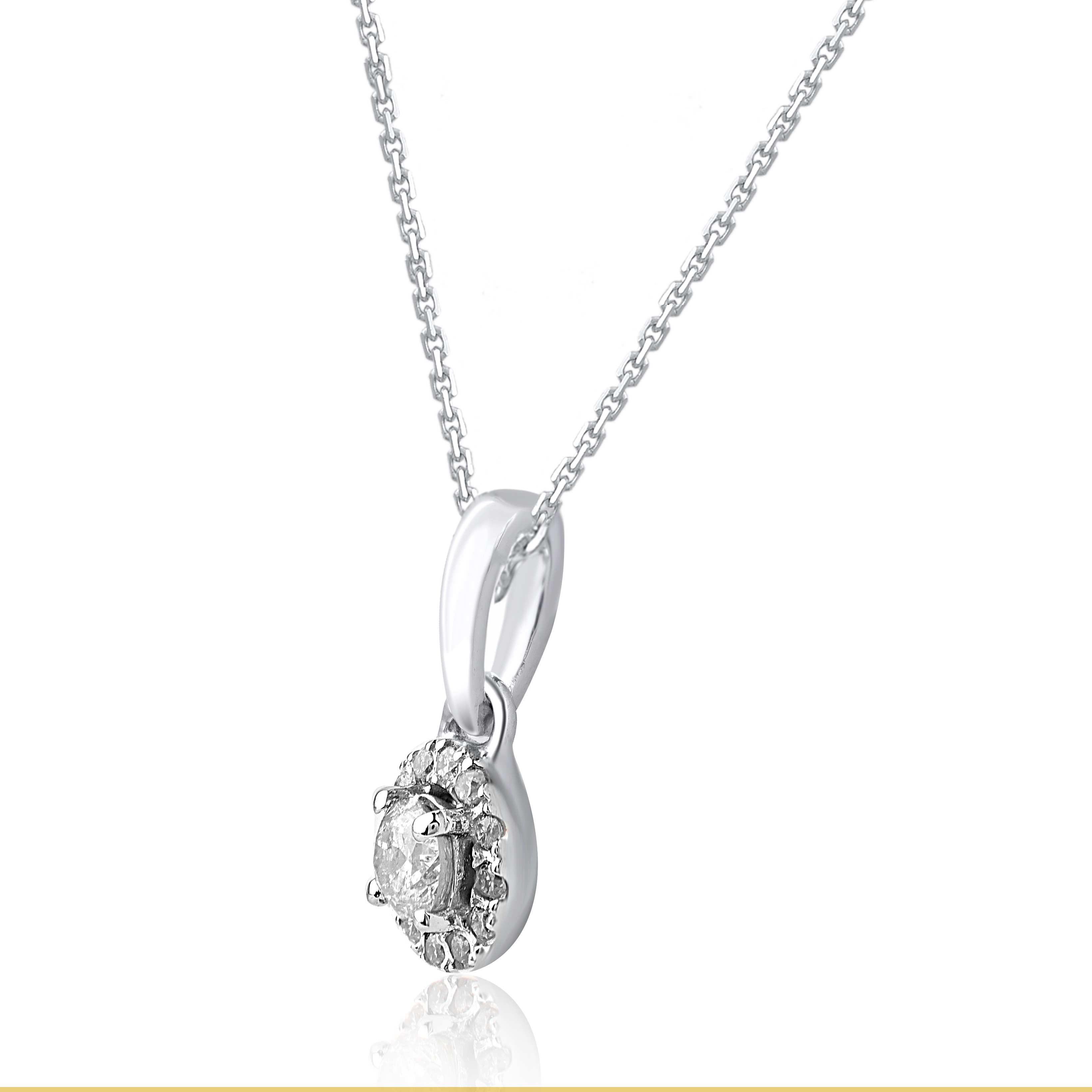 Bring charm to your look with this diamond frame pendant. The pendant is crafted from 14 karat white gold and features 13 round brilliant cut and single cut diamonds in prong set, H-I color I2 clarity and a high polish finish complete the Brilliant