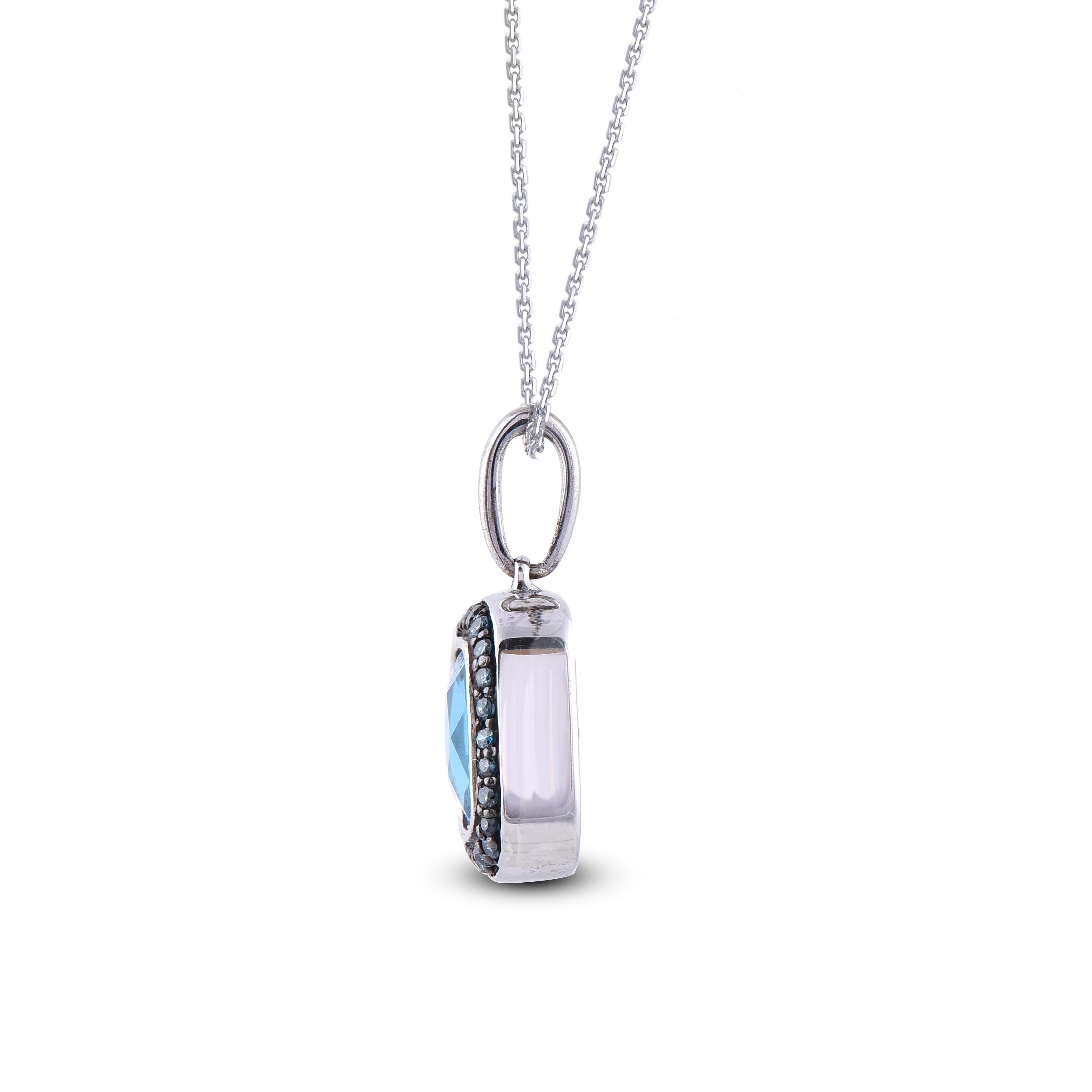 Art Déco TJD 0,11 carati di diamante rotondo e 8 X 8 mm di topazio blu svizzero in oro bianco 14K in vendita