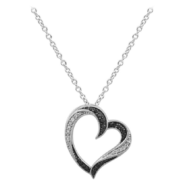 TJD 0.12Ct Black & White Diamond 14 Karat White Gold Spiral Tilted Heart Pendant For Sale