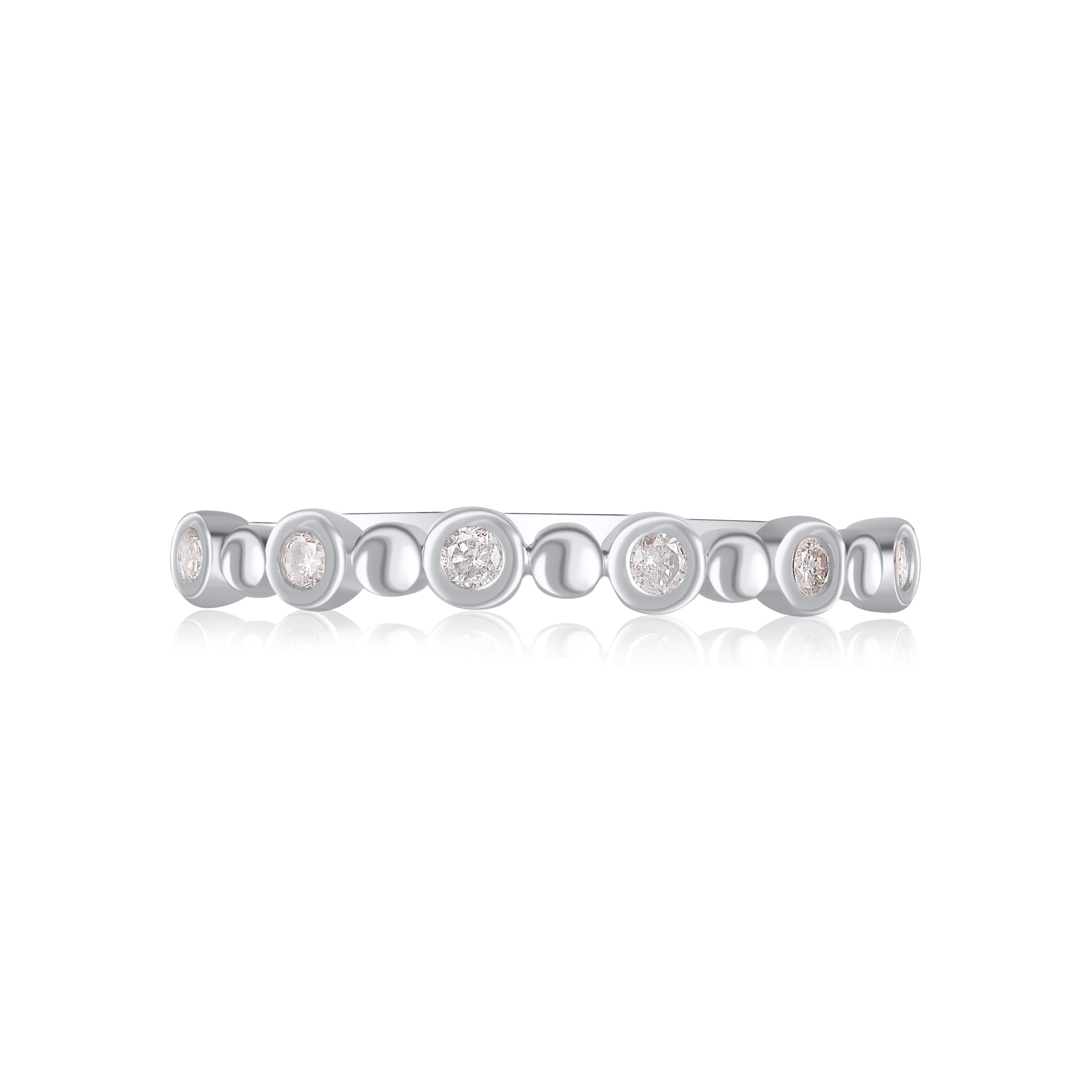 Honor your special day with this exceptional diamond band ring. This band ring features a sparkling 6 brilliant cut diamonds beautifully set in bezel setting. The total diamond weight is 0.12 Carat. The diamonds are graded as H-I color and I2