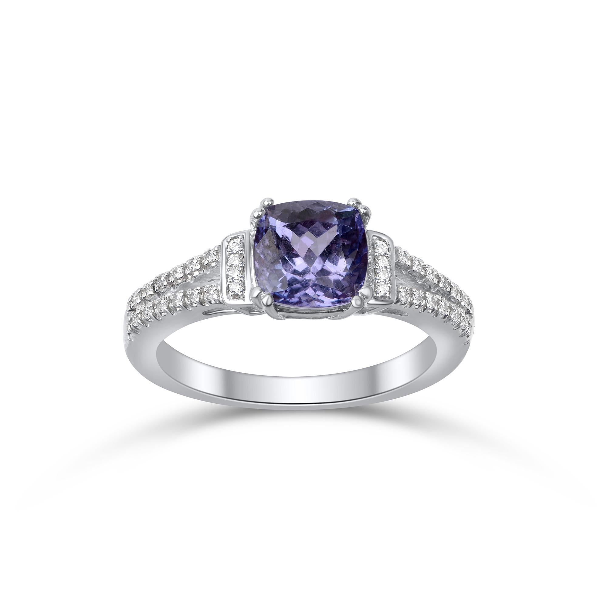 Modern TJD 0.12 Carat Diamond & 7 MM Natural Tanzanite 14KT White Gold Engagement Ring For Sale