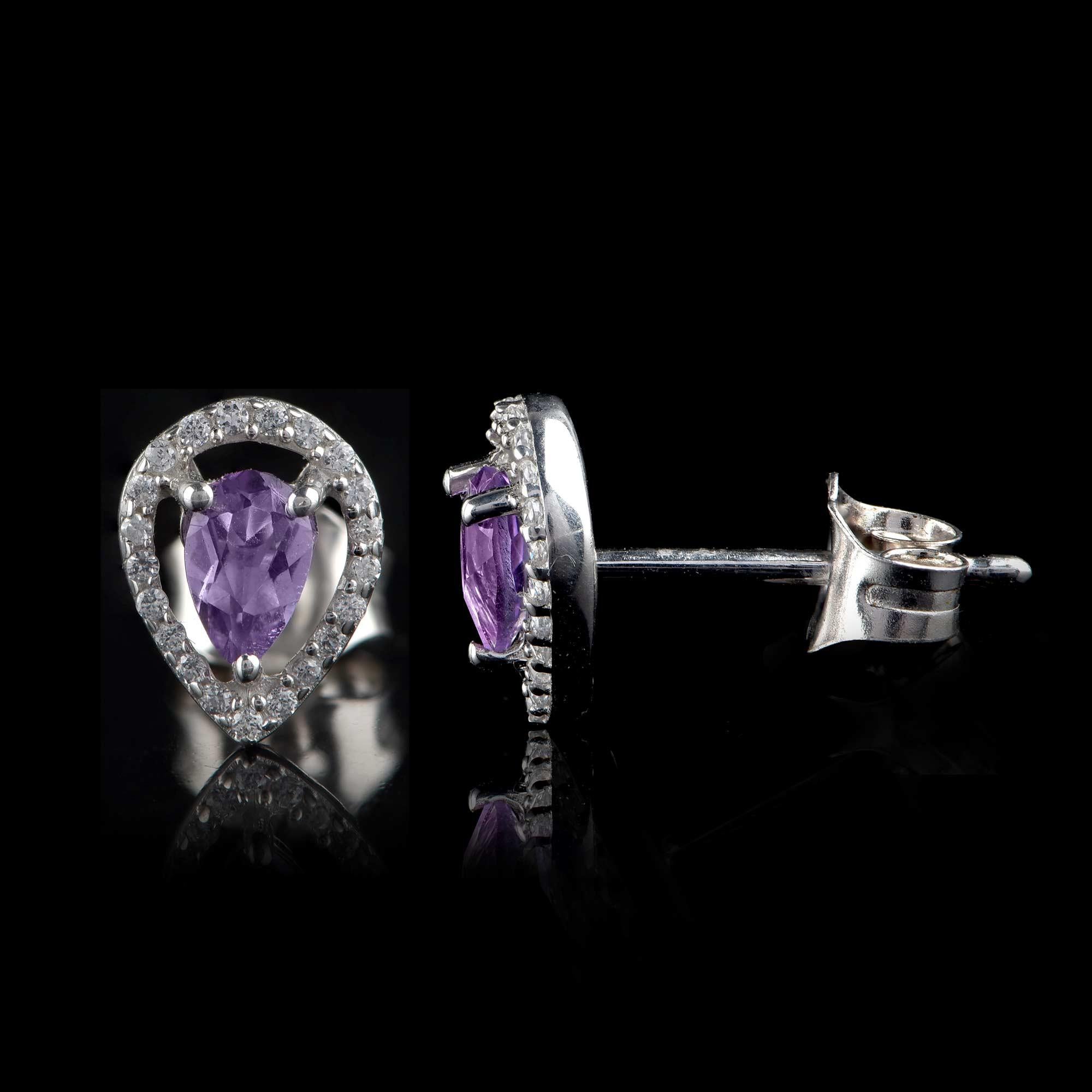 Contemporary TJD 0.12 Carat Diamond and 5X3MM Pear Amethyst 18 Karat White Gold Halo Earrings For Sale