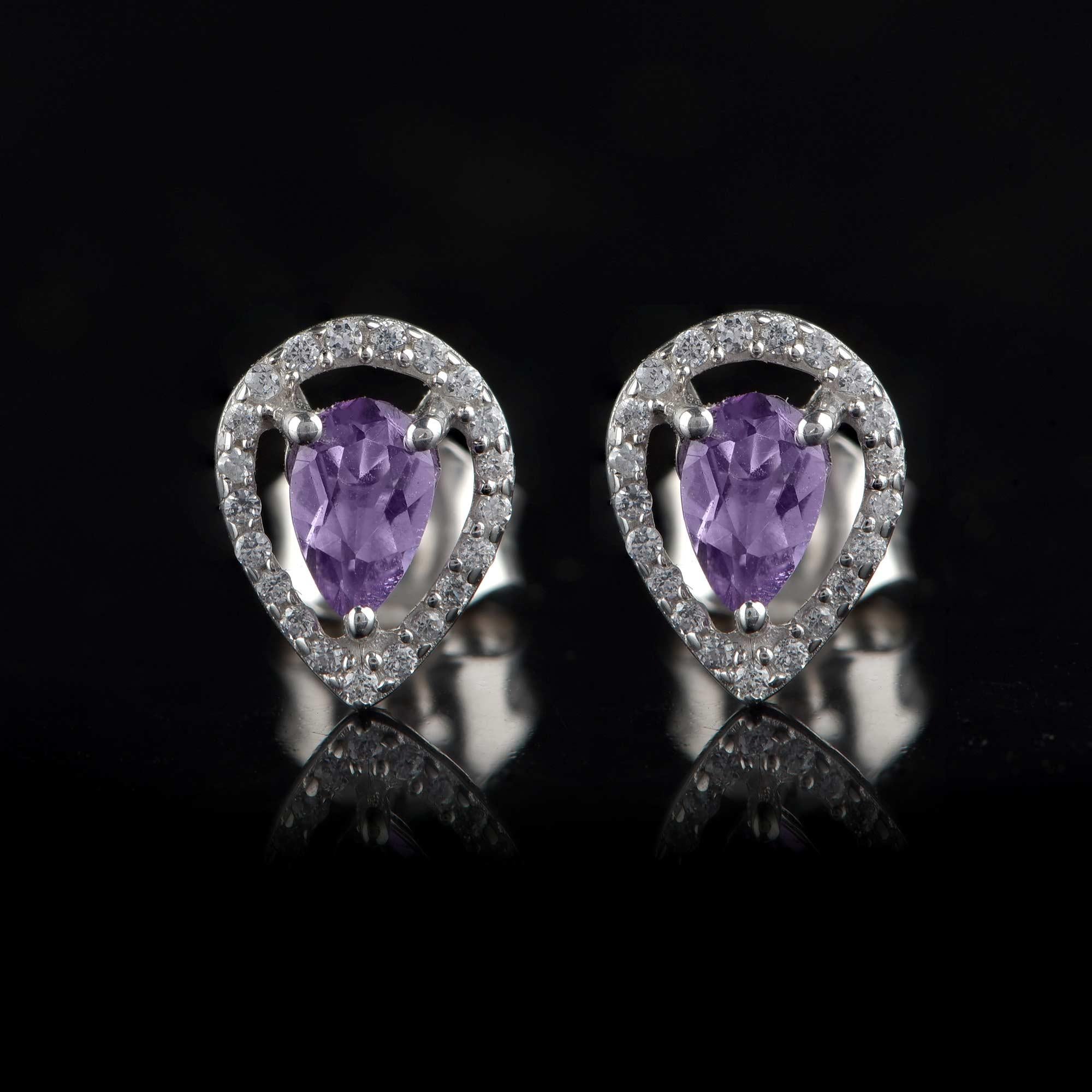 Round Cut TJD 0.12 Carat Diamond and 5X3MM Pear Amethyst 18 Karat White Gold Halo Earrings For Sale