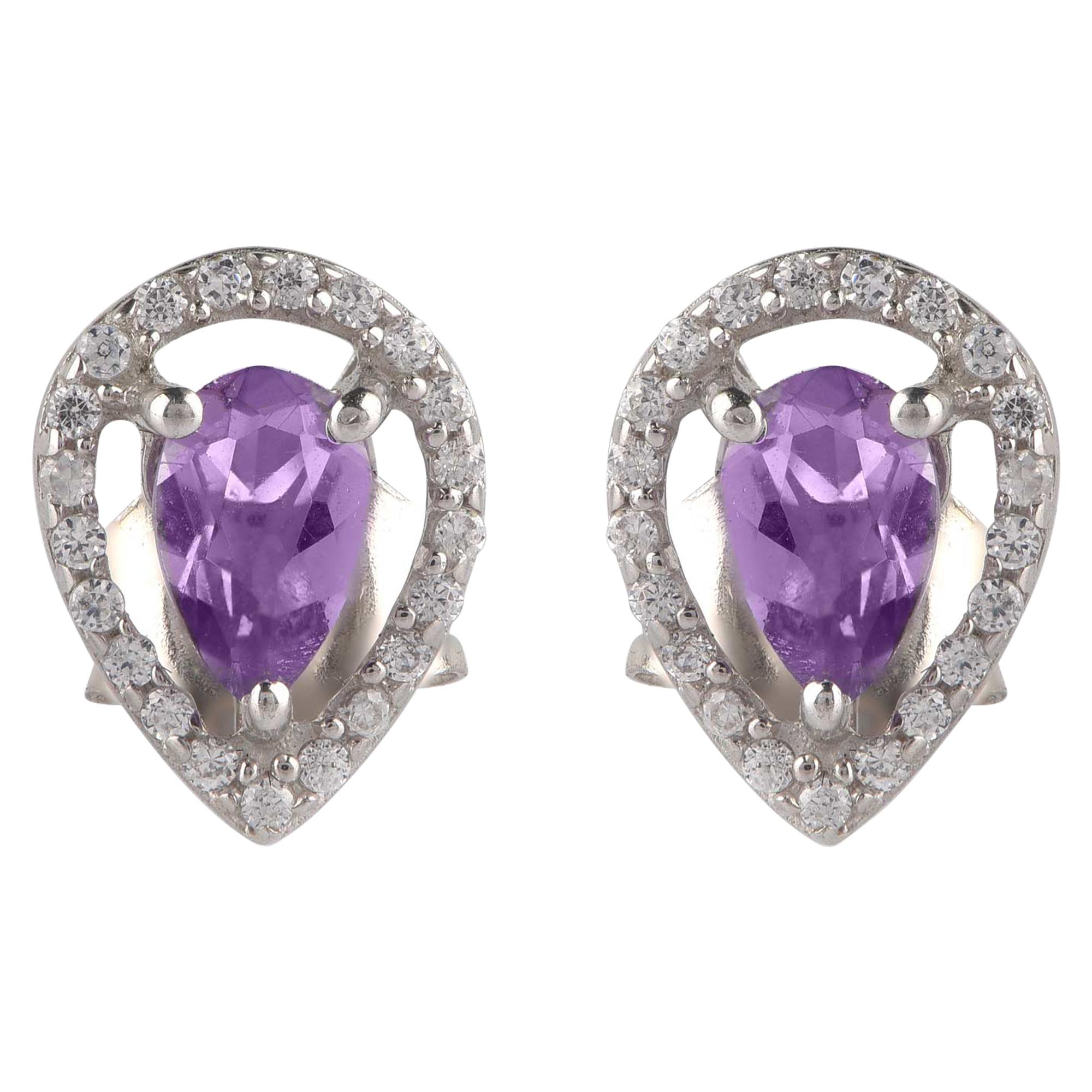 TJD 0.12 Carat Diamond and 5X3MM Pear Amethyst 18 Karat White Gold Halo Earrings For Sale