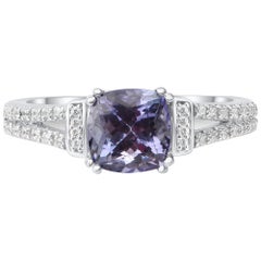 TJD 0.12Carat Diamond & 7 X 7MM Natural Tanzanite 14K White Gold Engagement Ring