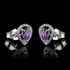 TJD 0.12 Carat Diamond and 5X3MM Pear Amethyst 18 Karat White Gold Halo Earrings
