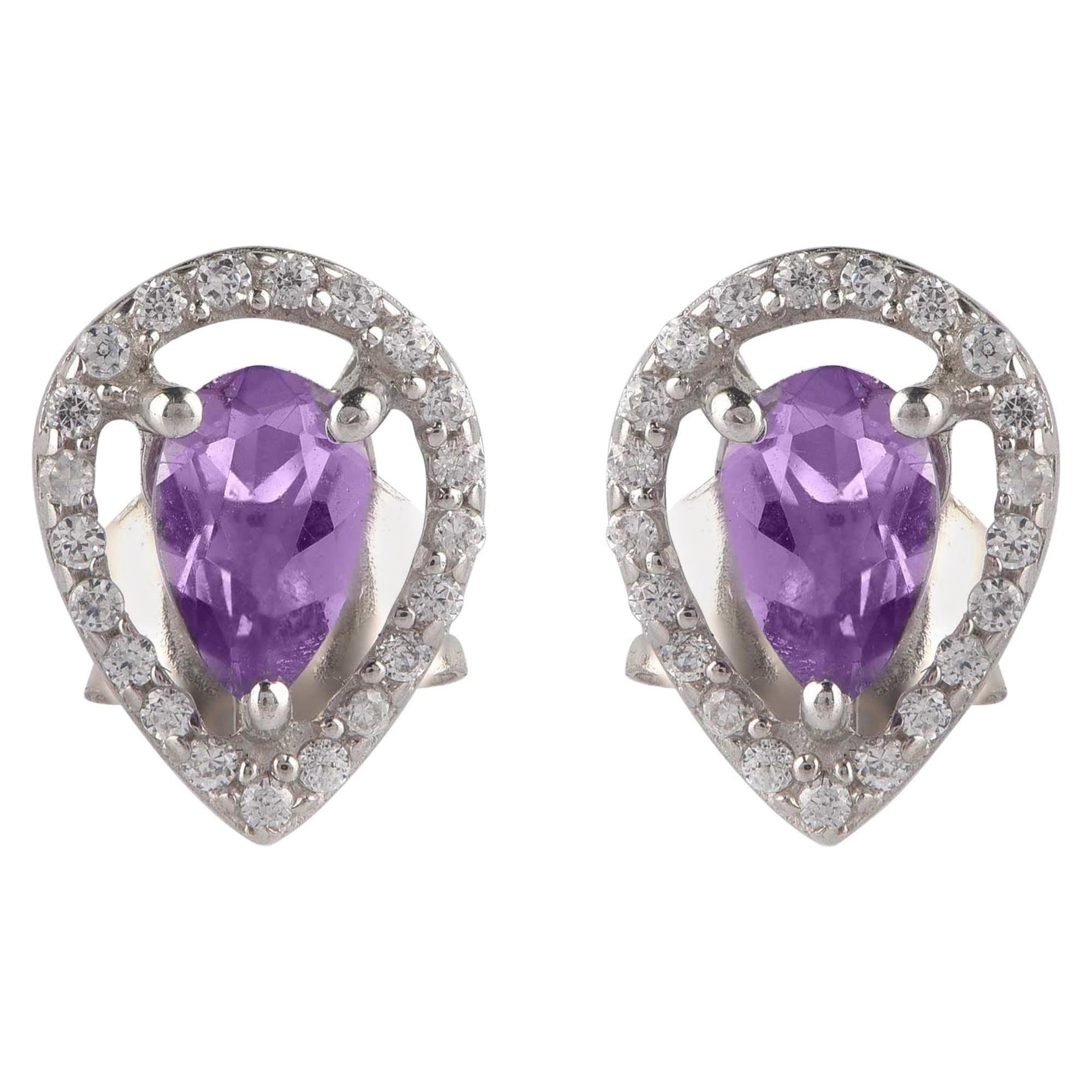 TJD 0.12 Carat Diamond and 5X3MM Pear Amethyst 18 Karat White Gold Halo Earrings