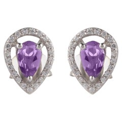 TJD 0.12 Carat Diamond and 5X3MM Pear Amethyst 18 Karat White Gold Halo Earrings