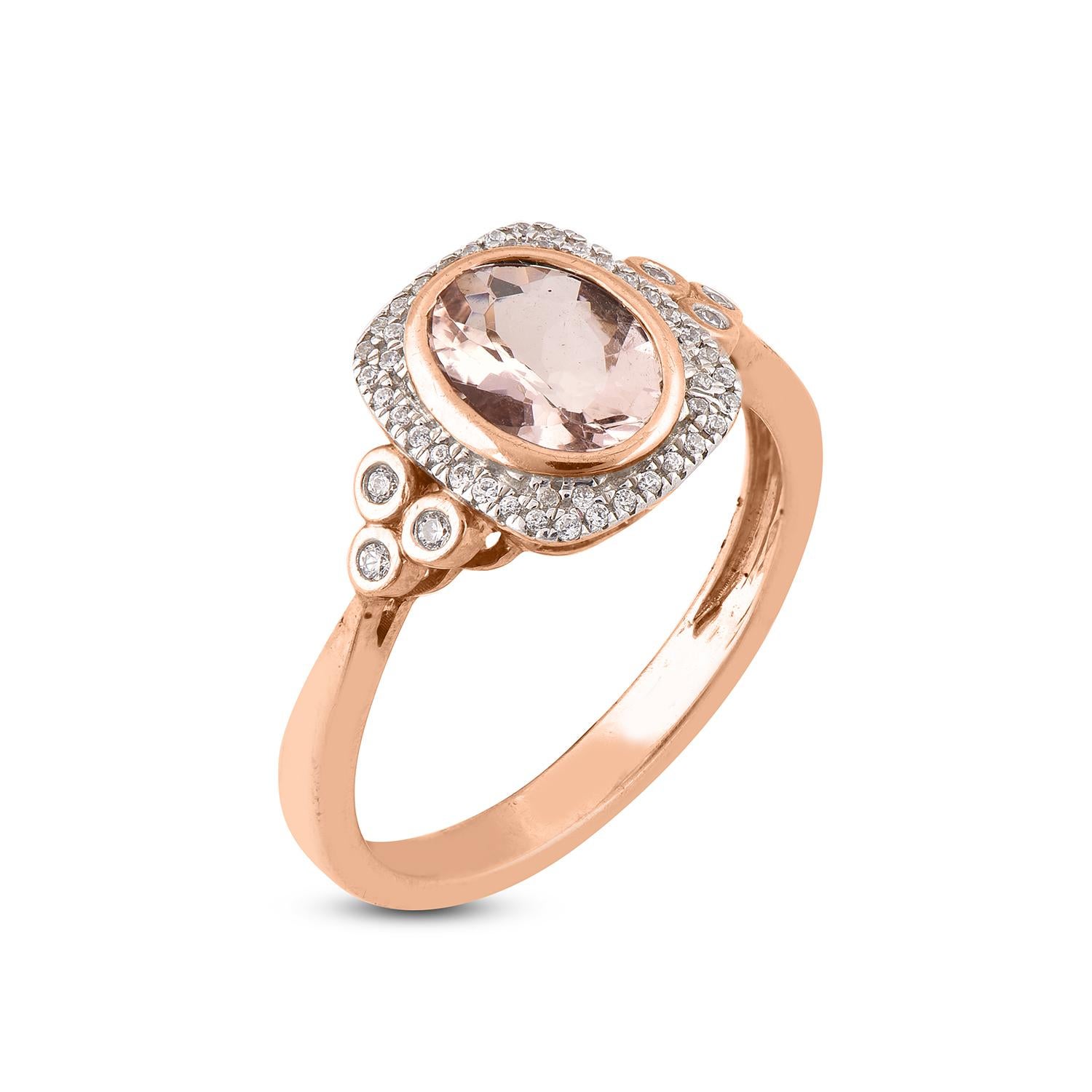 Beauty begins the moment you decide to be yourself. This stylish and designer ring expertly crafted in 14 karat Rose Gold with 1 oval shape morganite and 48 round diamond with a trilogy of diamonds on each shoulder and lines on frame set in prong