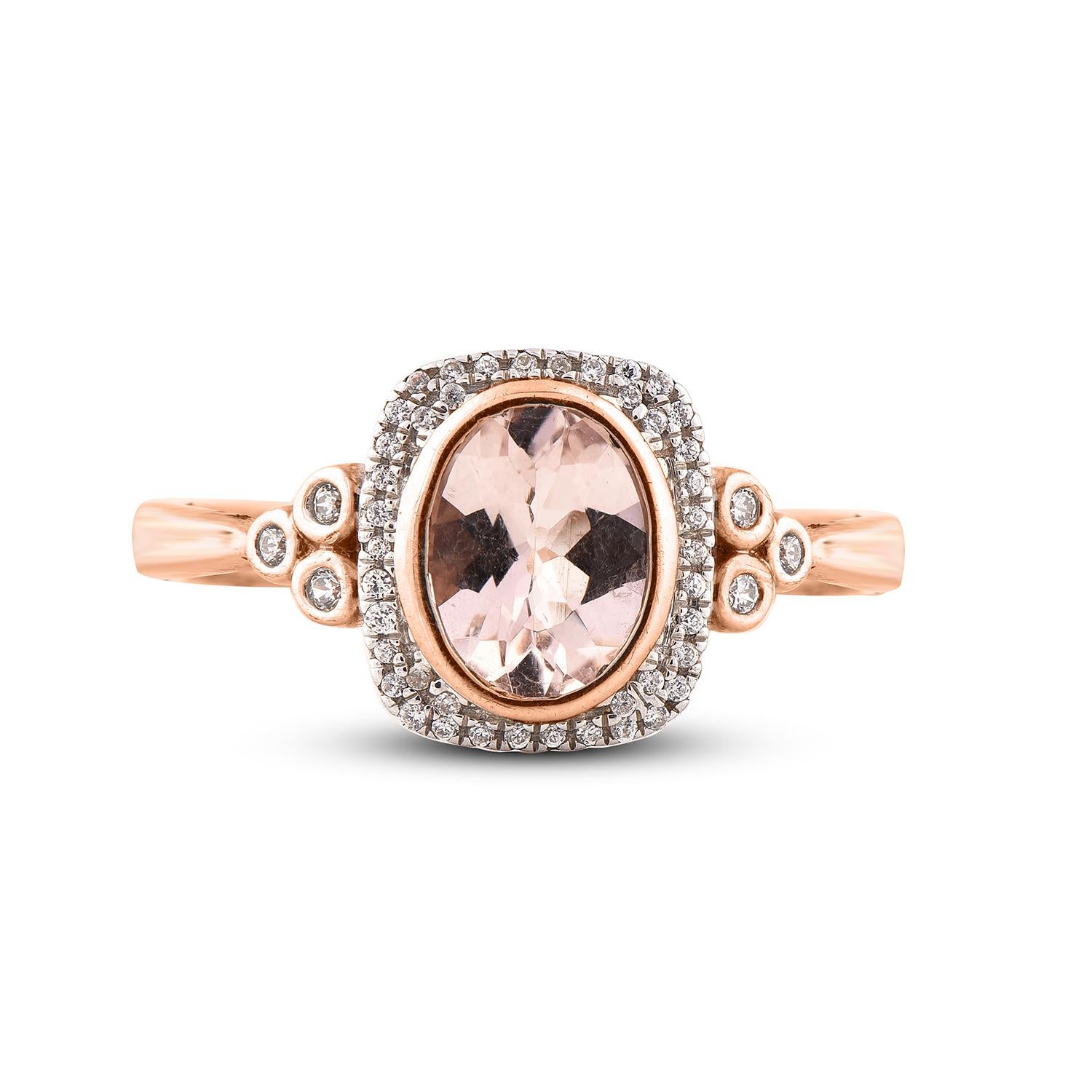 Art Deco TJD 0.12 Carat Diamond and 8X6 mm Oval shape Morganite 14 Karat Rose Gold Ring For Sale