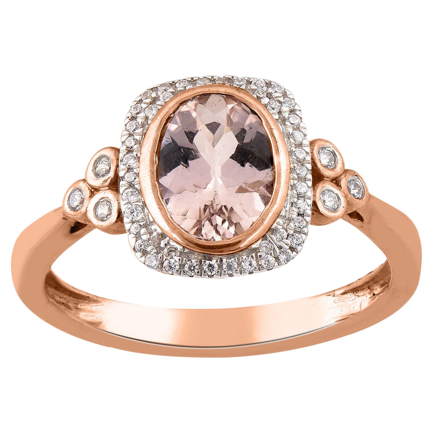 TJD 0.12 Carat Diamond and 8X6 mm Oval shape Morganite 14 Karat Rose Gold Ring For Sale