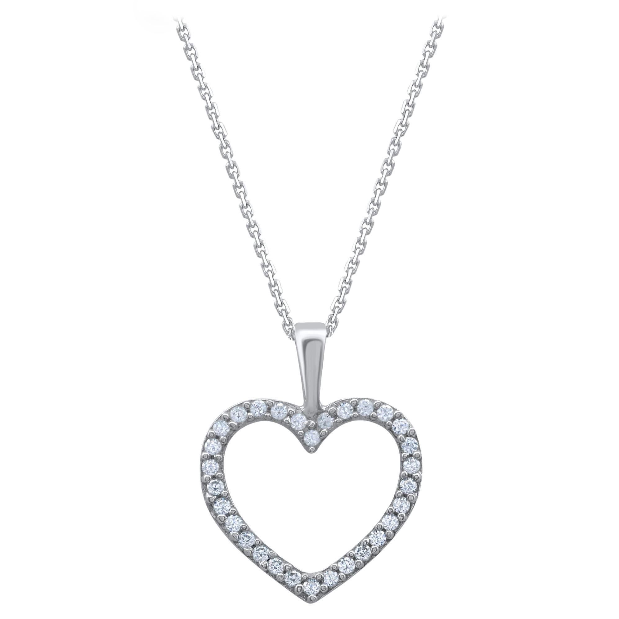 Collier pendentif cœur ouvert en or blanc 14 carats avec diamants naturels 0,12 carat TJD