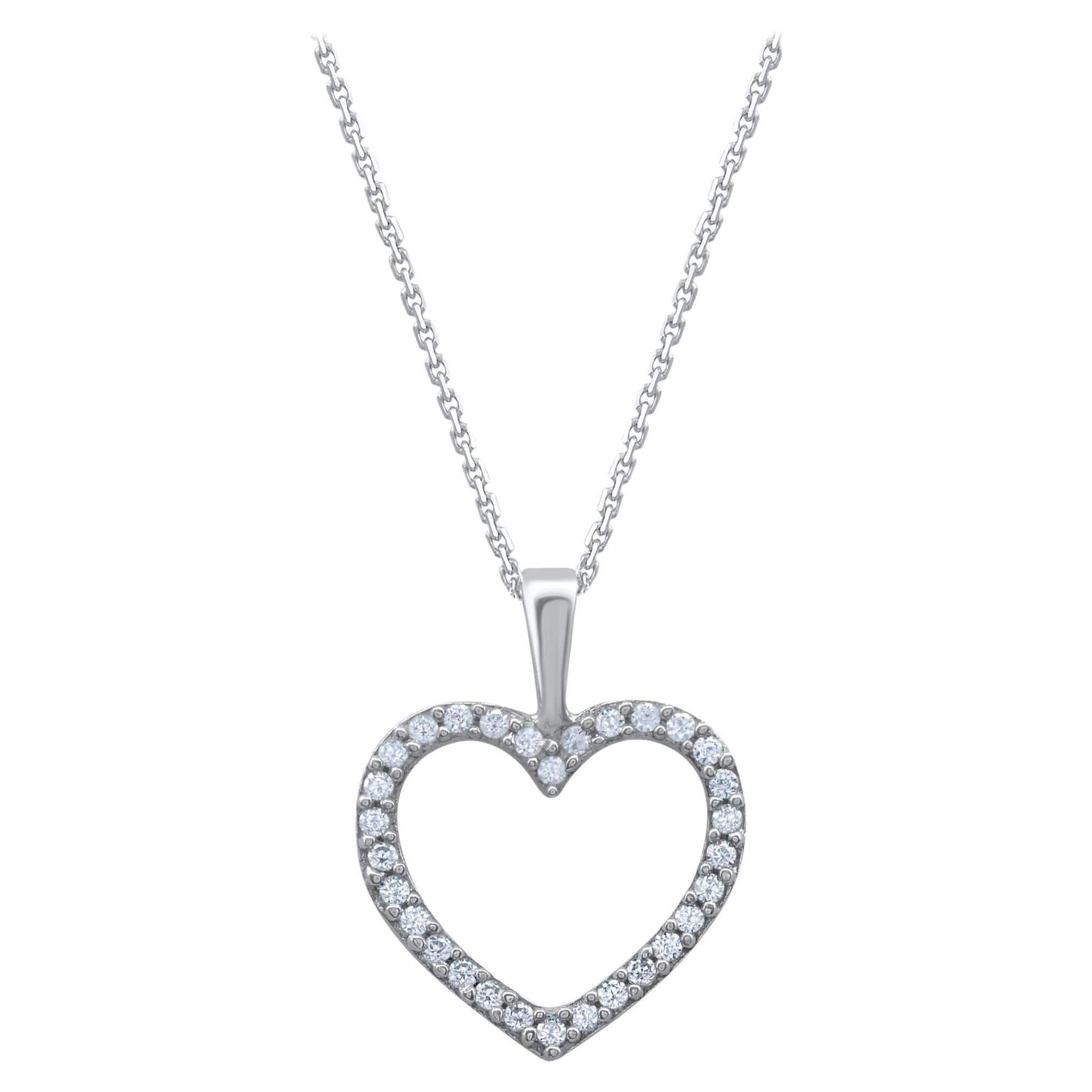 TJD 0.12 Carat Natural Diamond 14 Karat White Gold Open Heart Pendant Necklace