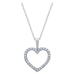 TJD 0.12 Carat Natural Diamond 14 Karat White Gold Open Heart Pendant Necklace