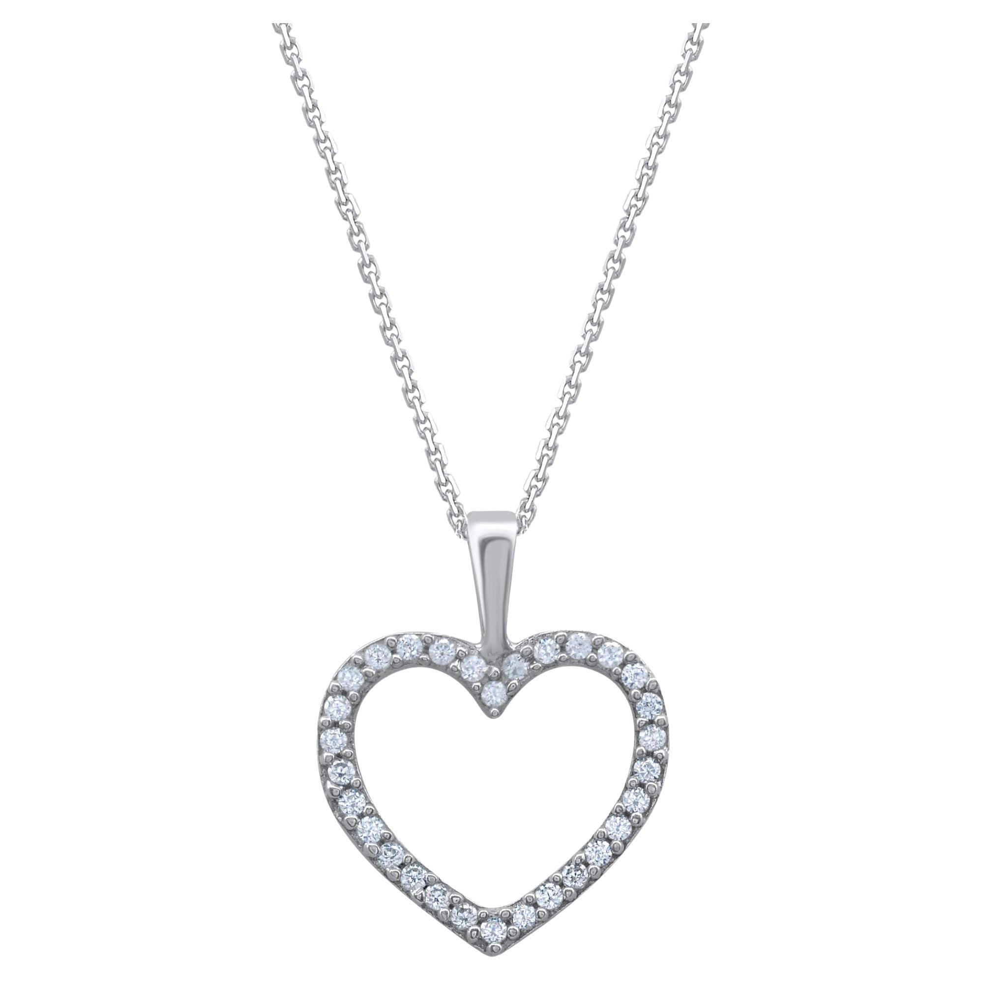 TJD 0.12 Carat Natural Diamond 14 Karat White Gold Open Heart Pendant Necklace For Sale