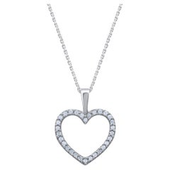 TJD 0.12 Carat Natural Diamond 14 Karat White Gold Open Heart Pendant Necklace