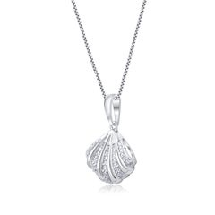 TJD 0.12 Carat Natural Diamond 14 Karat White Gold Seashell Pendants Necklace