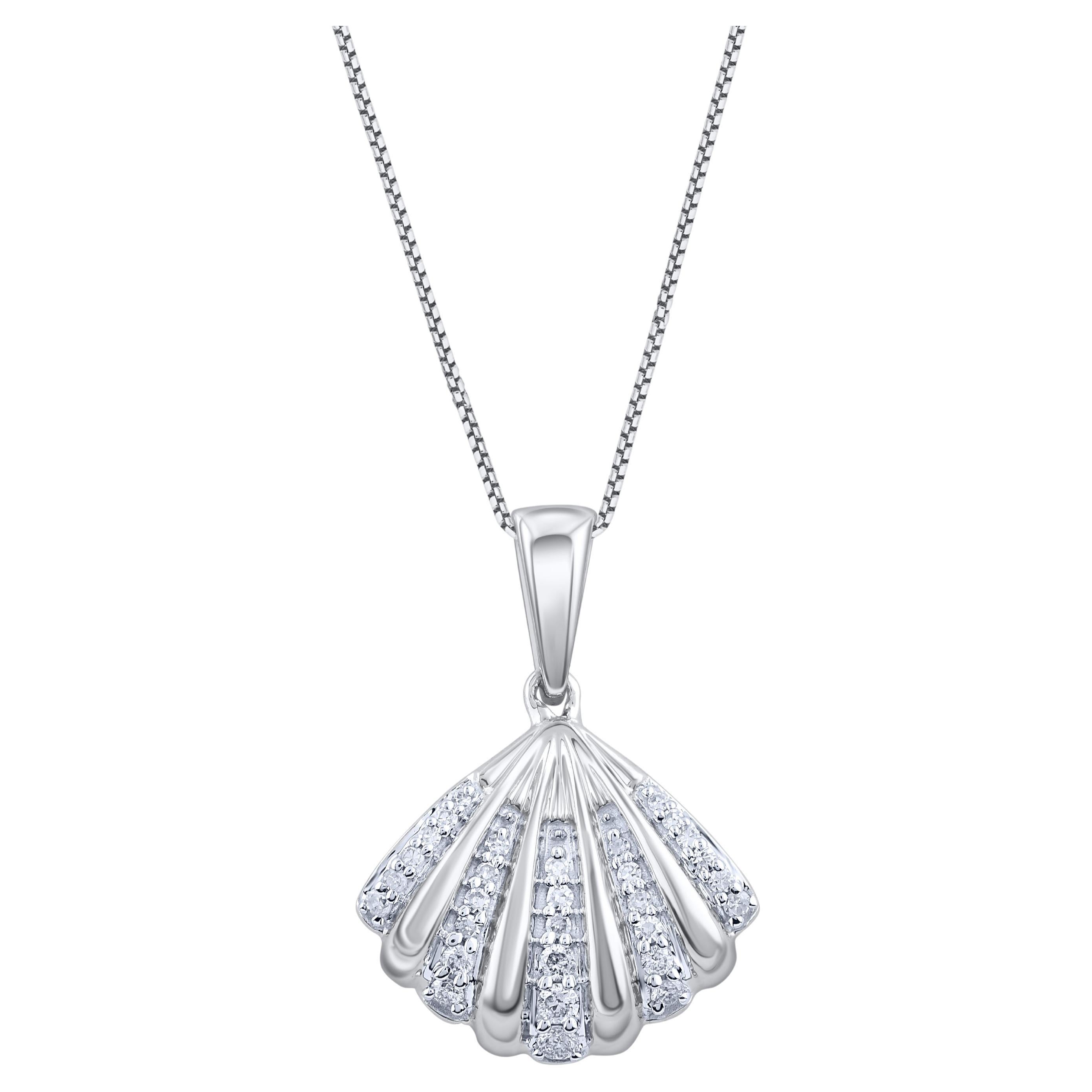 TJD 0.12 Carat Natural Diamond 14 Karat White Gold Seashell Pendants Necklace For Sale
