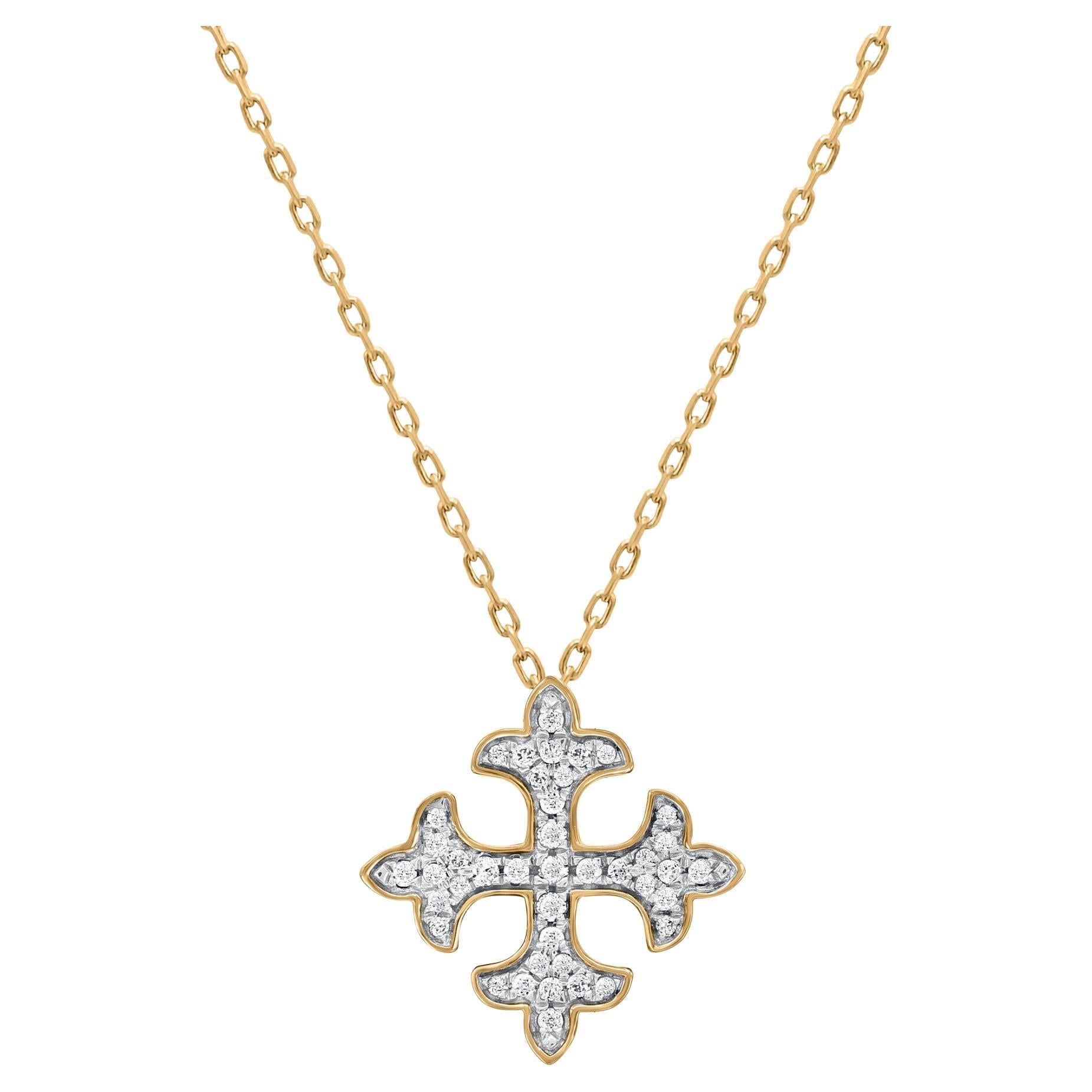 TJD Collar Colgante Flor de Lis Cuadrada con Diamante Natural de 0,12 Quilates en Oro de 18 KT