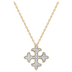 TJD Collar Colgante Flor de Lis Cuadrada con Diamante Natural de 0,12 Quilates en Oro de 18 KT