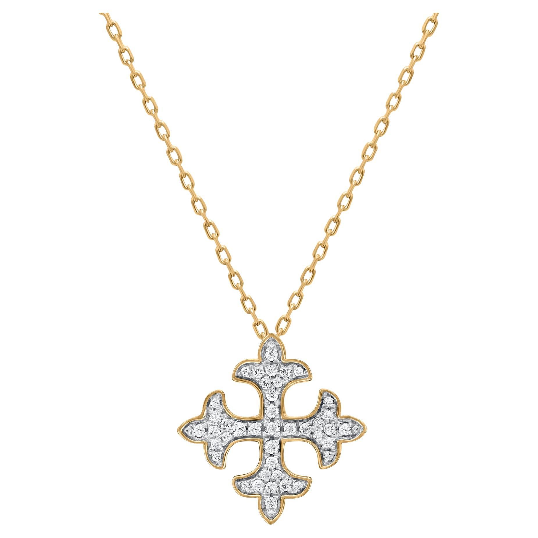 TJD 0.12 Carat Natural Diamond Square Fleur-de-lis Pendant Necklace in 18KT Gold For Sale