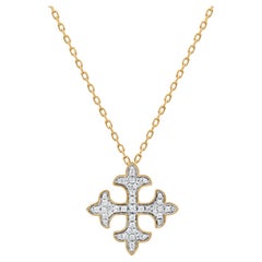TJD 0.12 Carat Natural Diamond Square Fleur-de-lis Pendant Necklace in 18KT Gold