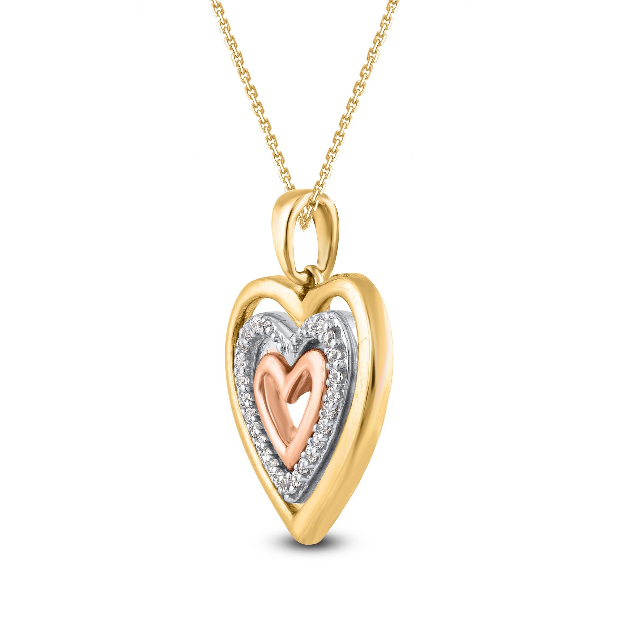 Romantico TJD, collana con ciondolo a cuore in oro 14 carati con diamante rotondo naturale da 0,12 carati in vendita