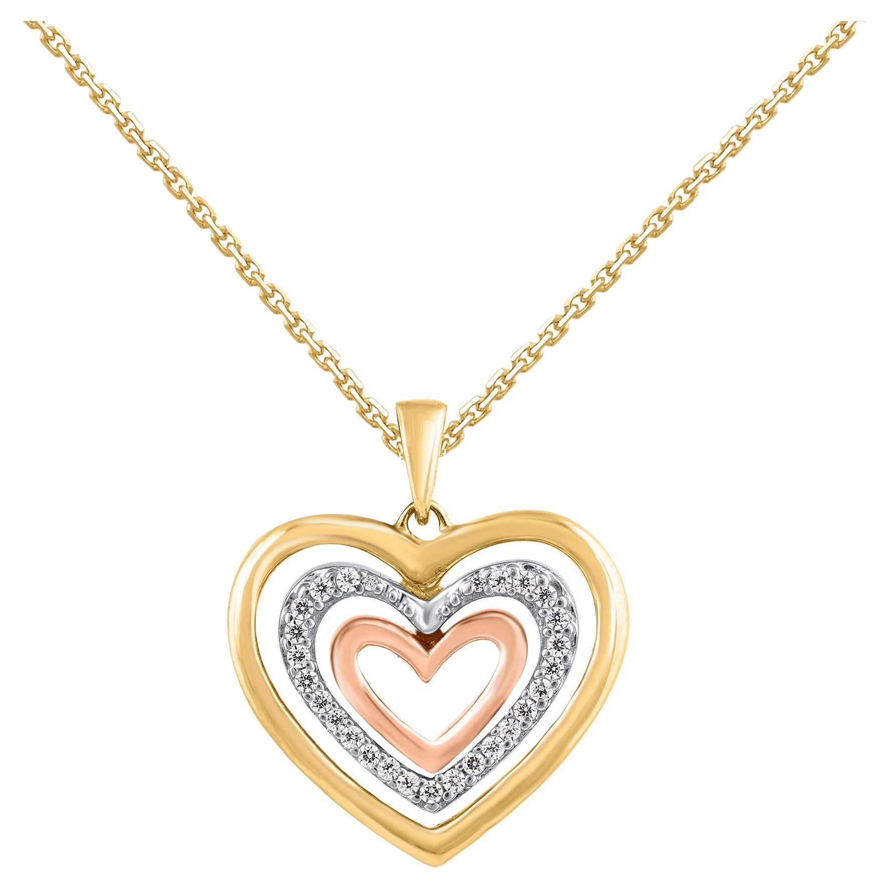 TJD 0,12 Karat natürlicher runder Diamant 14 Karat Gold Herz-Anhänger Halskette im Angebot