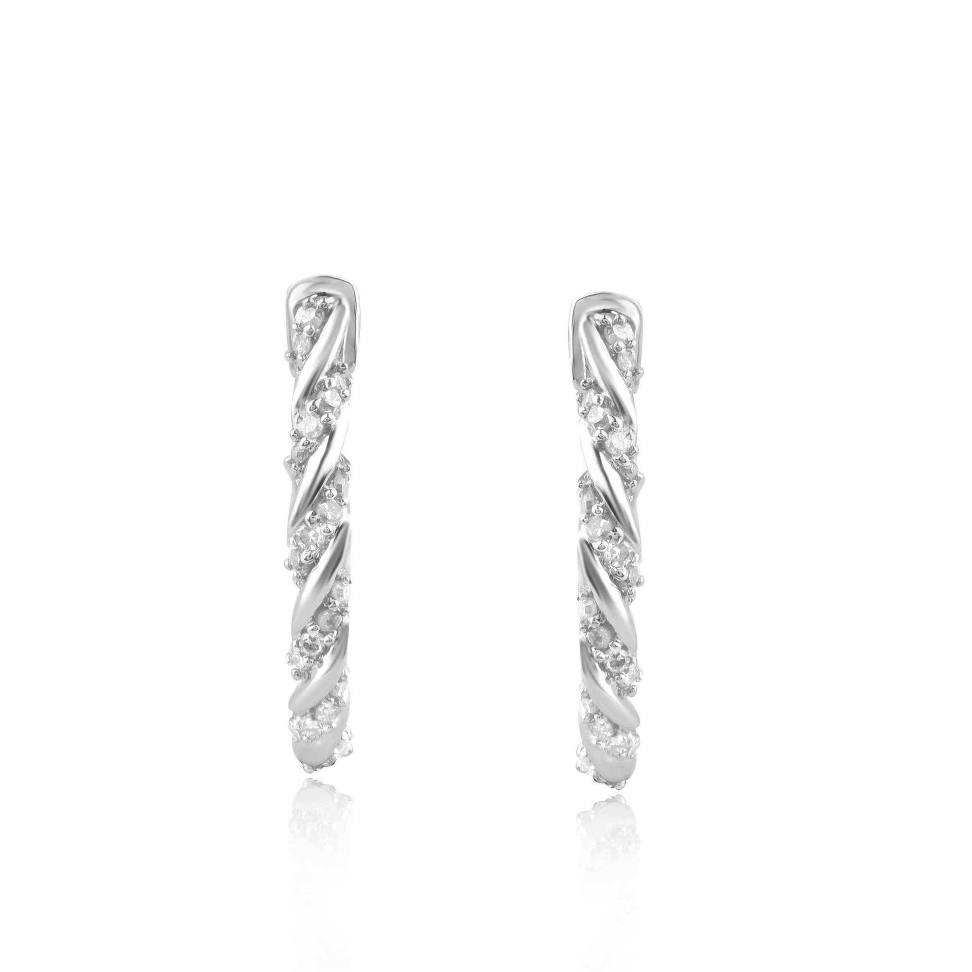 Classic and stylish diamond studded hoop earrings! perfect for daily wear. Crafted in 14 Karat white gold with 44 single cut diamond in prong setting. These earring secure with hinged backs. The white diamonds are graded as H-I color and I-2 clarity.